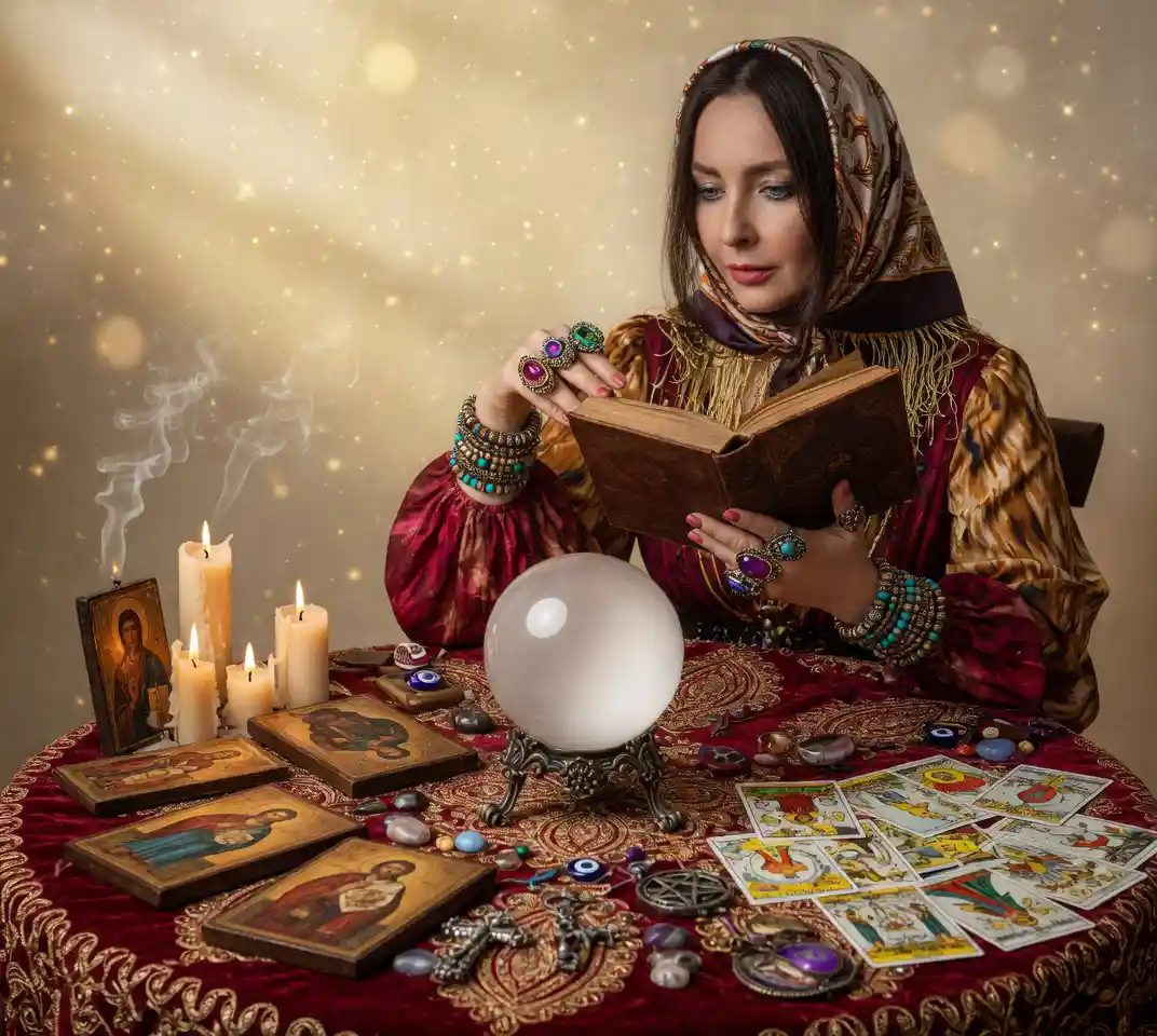 Обряд гадания на Таро — гадалка проводит эзотерический ритуал при свечах
